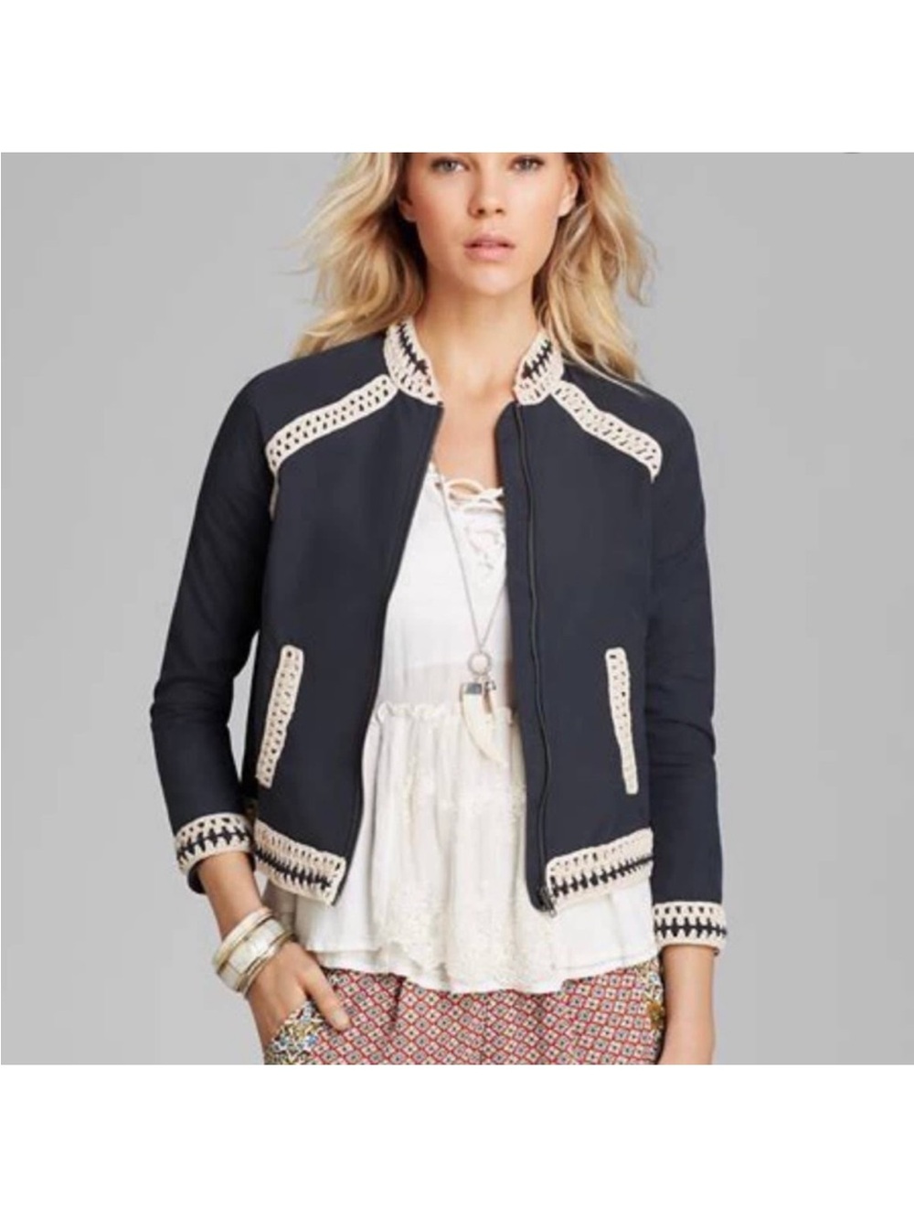 Free People Baseball Bomber Jacket with Crochet trim.  Size Small